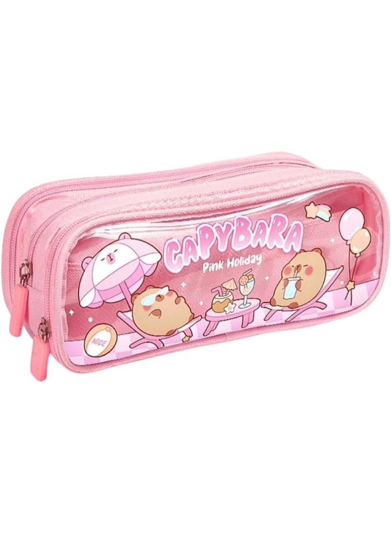 شنطة اقلام رصاص شفافة من القماش بسعة كبيرة بطباعة كرتونية لطيفة مع ثلاث اقسام لتنظيم الادوات المكتبية متعددة الوظائف بتصميم سحاب متين (دببة لطيفة) - Image 1